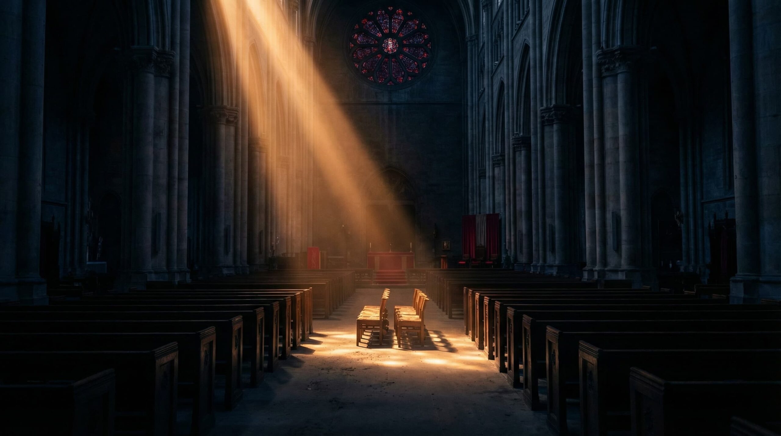 A lone figure standing in darkness as crowds depart from the light, representing the great falling away