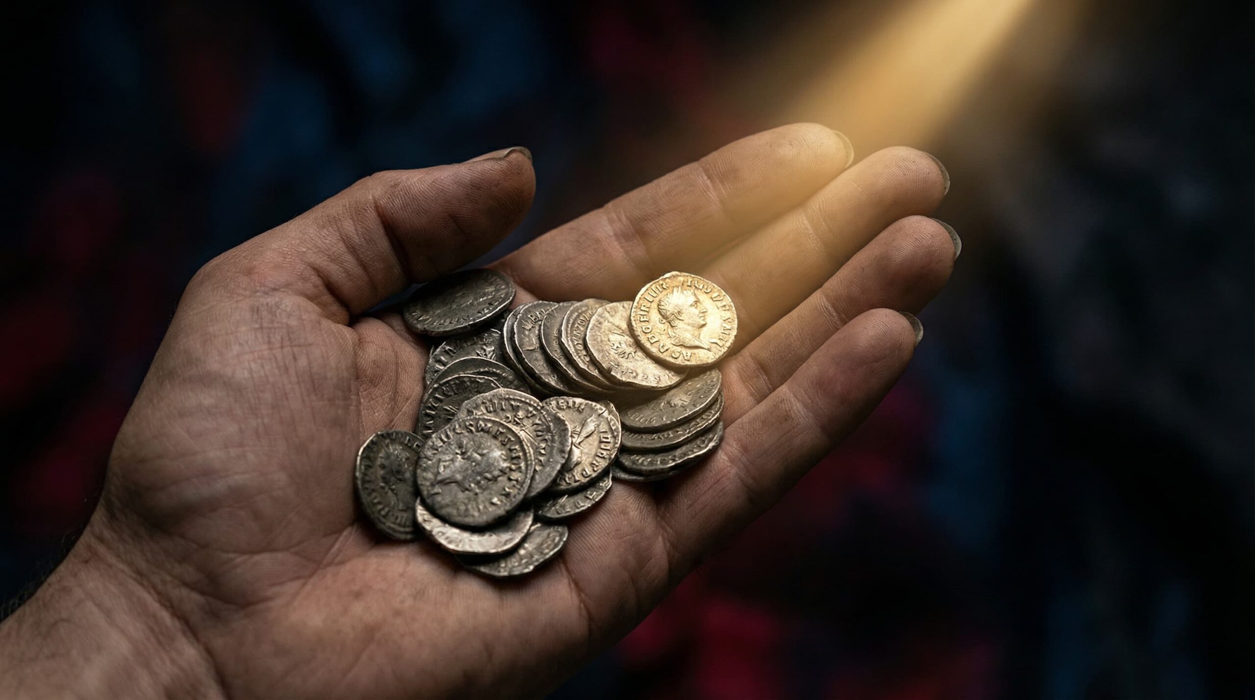 Thirty pieces of silver in an outstretched hand, symbolizing the Judas parallel and betrayal from within