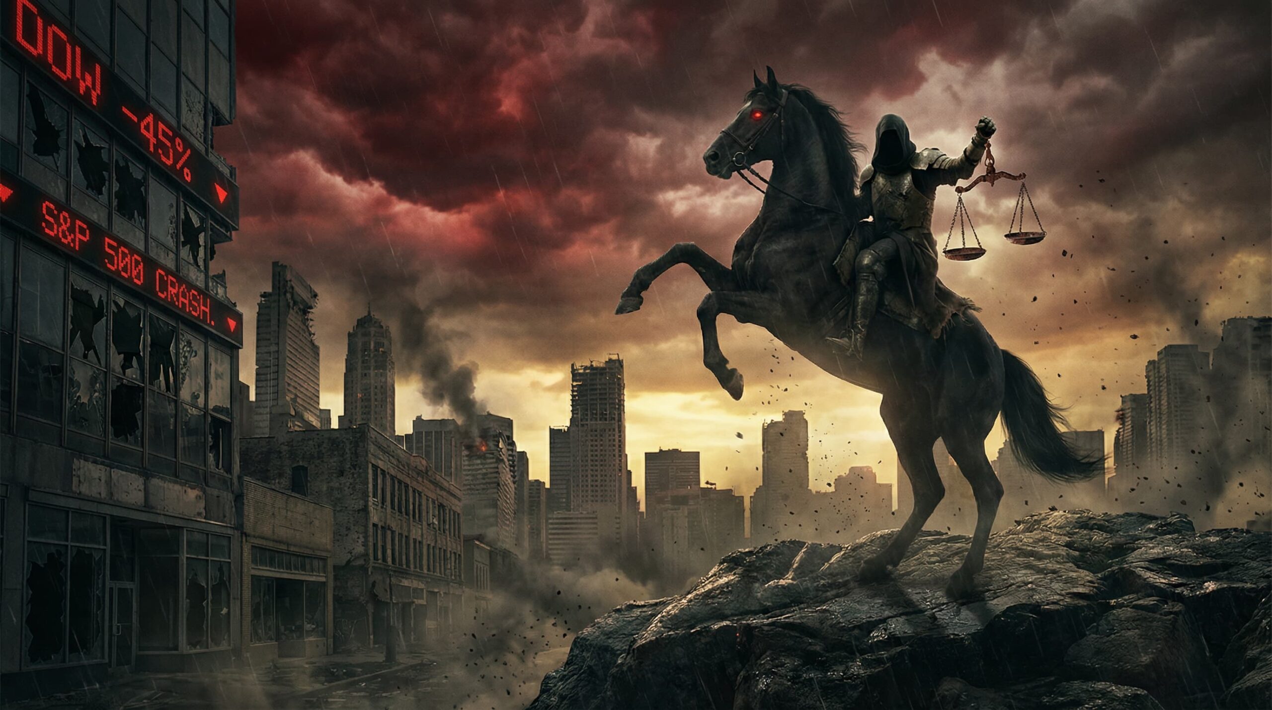 The Black Horse of the Apocalypse riding over a crumbling city, symbolizing global economic collapse