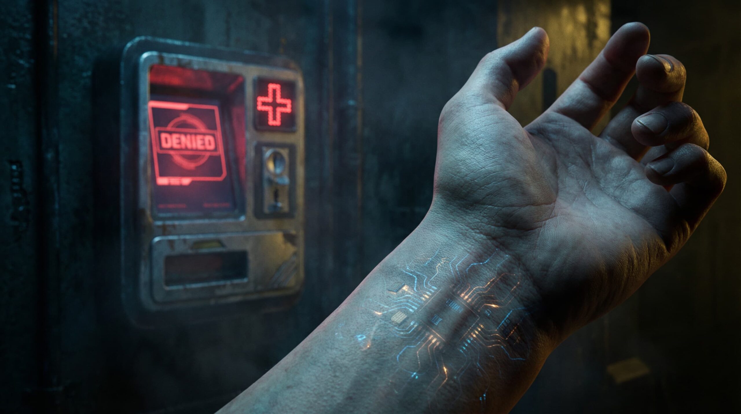 A futuristic hand scanner in a dark marketplace, representing the Mark of the Beast economic system