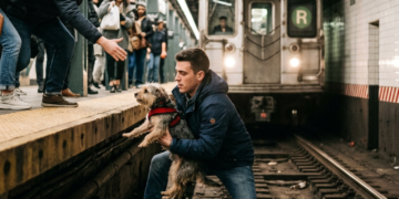 Man holding a dog on subway tracks with train approaching