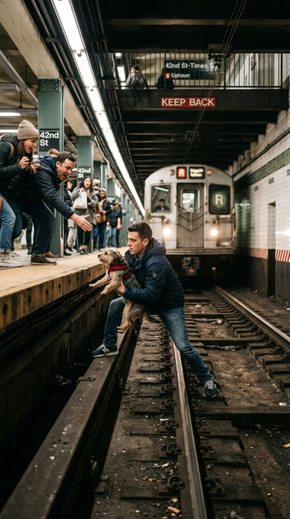 Man holding a dog on subway tracks with train approaching