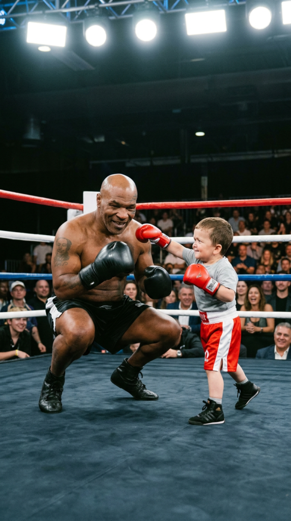 Man crouching smiling while a young boy wearing boxing gloves punches his face in a boxing ring