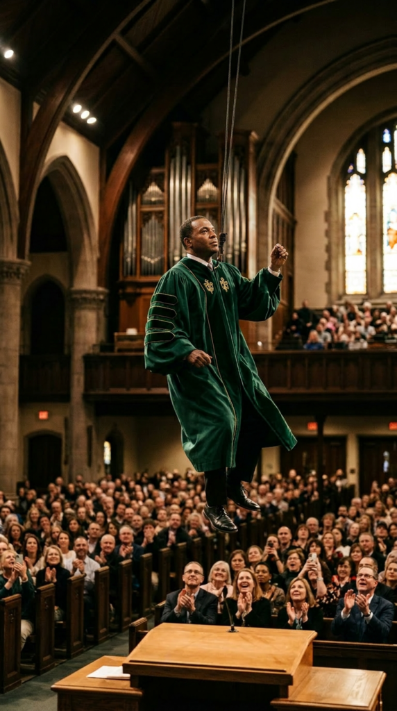 Speaker in green academic robe suspended above an applauding audience in a large church-like hall
