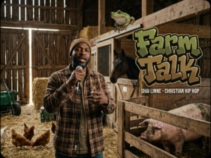 Man holding microphone in barn beside Farm Talk logo and animals