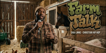 Man holding microphone in barn beside Farm Talk logo and animals